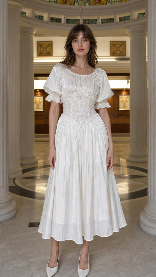 Front view of model wearing white corset midi dress
