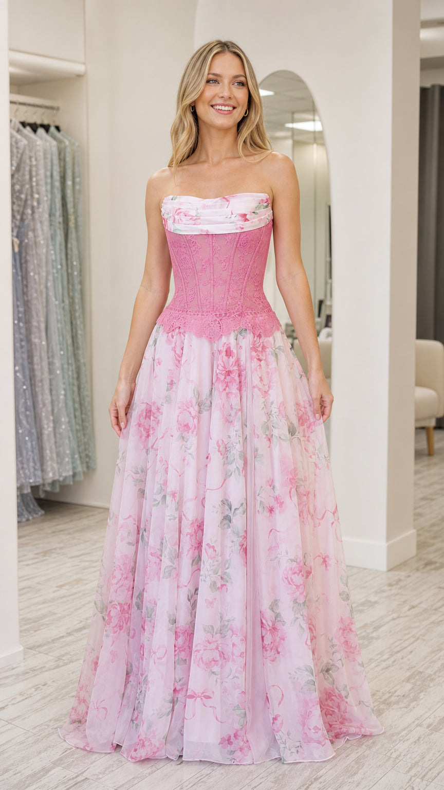 Model wearing pink strapless floral corset long dress front view