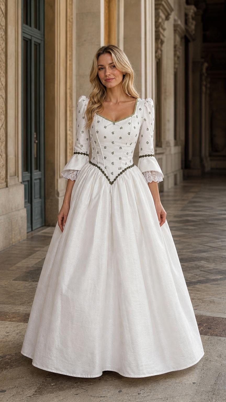 Front view of woman wearing white Renaissance vintage maxi dress