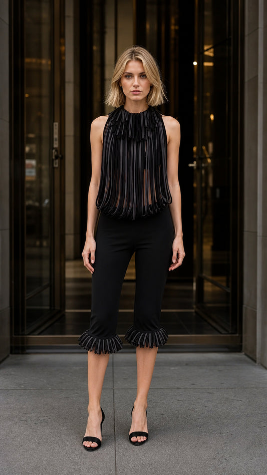 Front view of black avant-garde pleated fringe halter top and cropped pants set