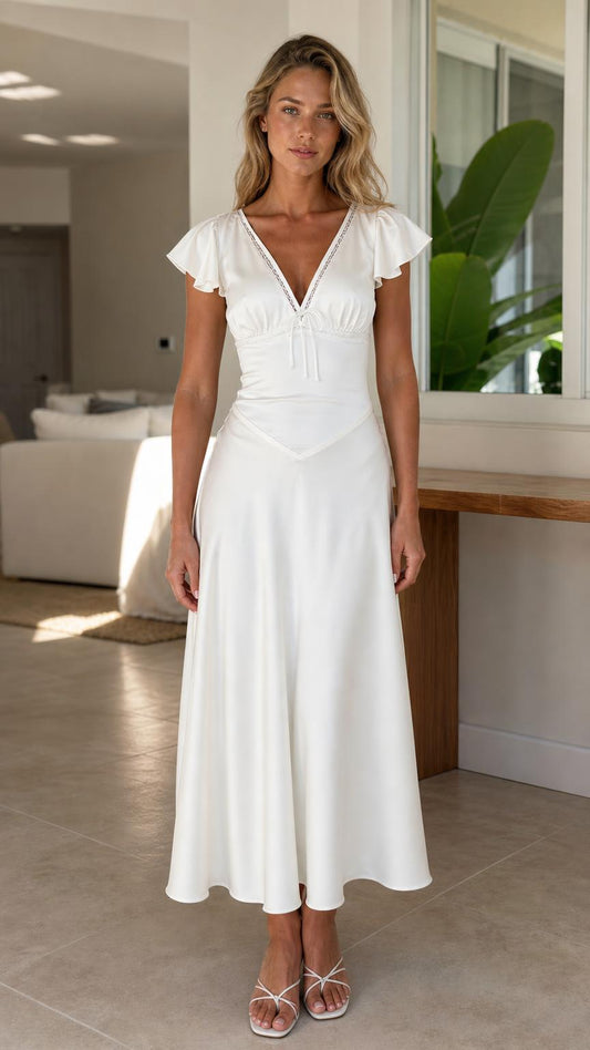 Front view of model wearing white V-neck flutter sleeve midi dress