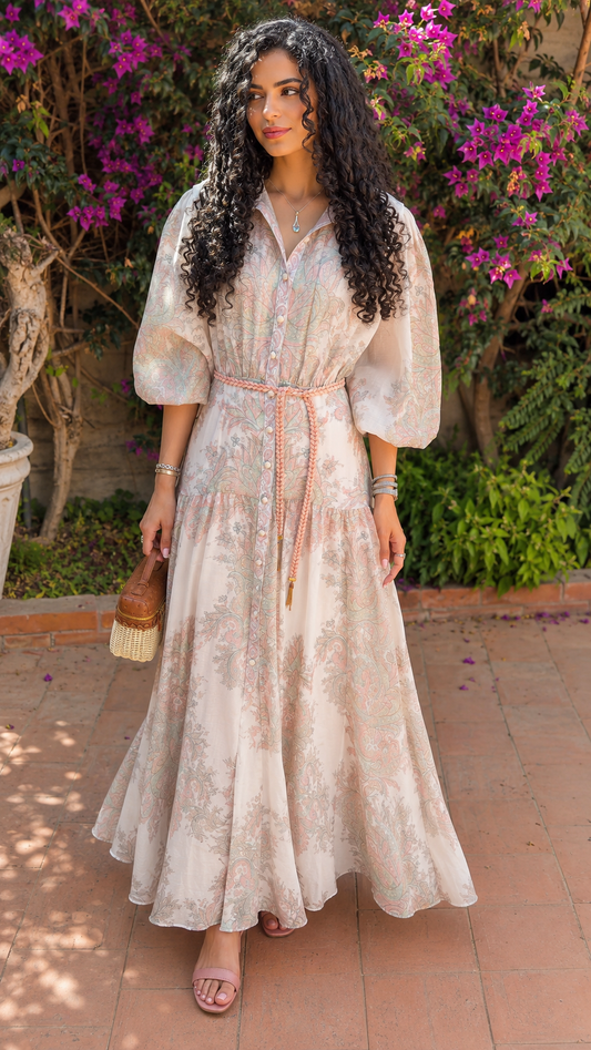 Front view of blush ivory floral maxi shirt dress with puff sleeves and rope tie waist