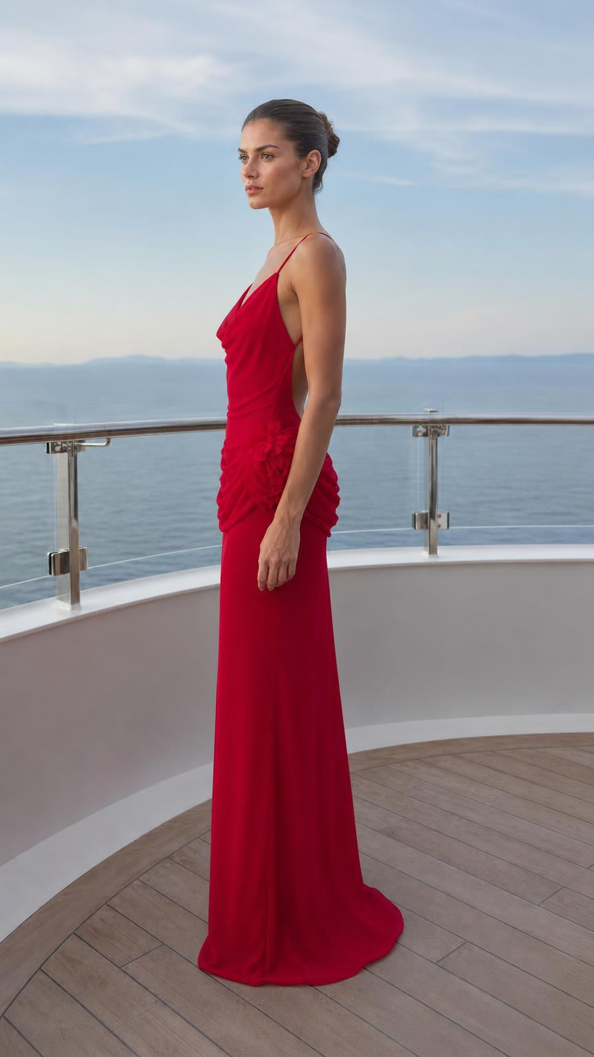 Side profile view of red evening gown