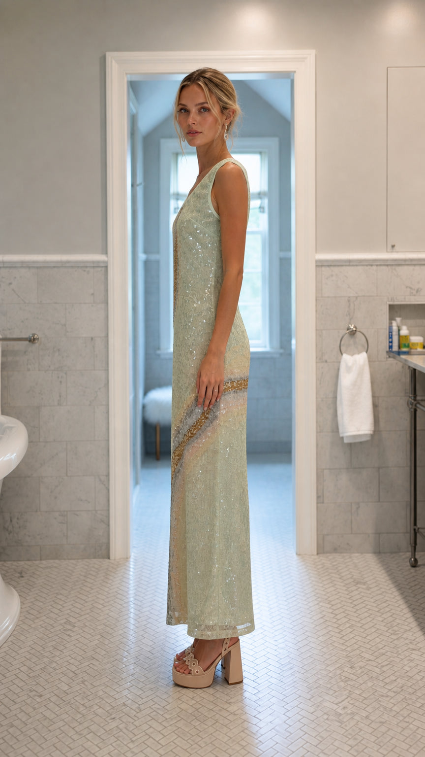 Side profile view of mint sequin maxi dress