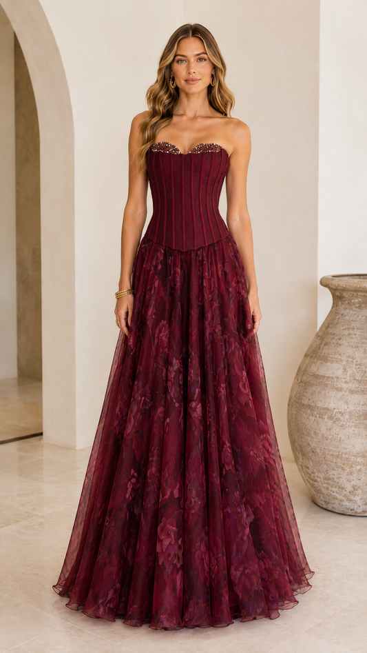 Burgundy strapless corset floral maxi gown front view