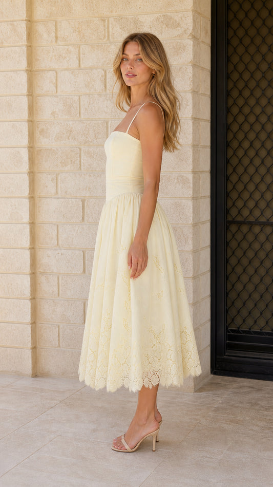 Side view of yellow midi dress