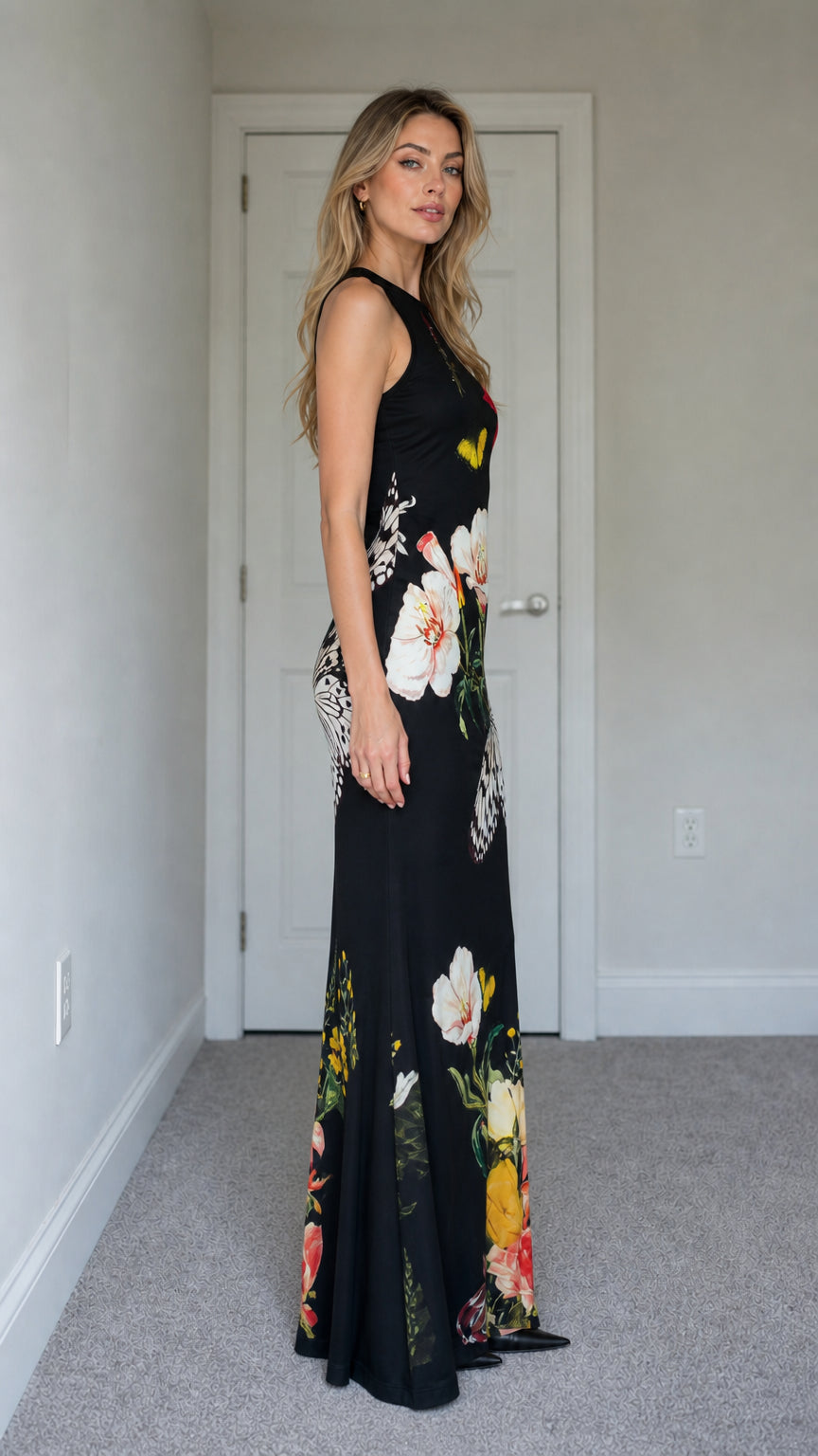 Model wearing black floral maxi dress from the side profile