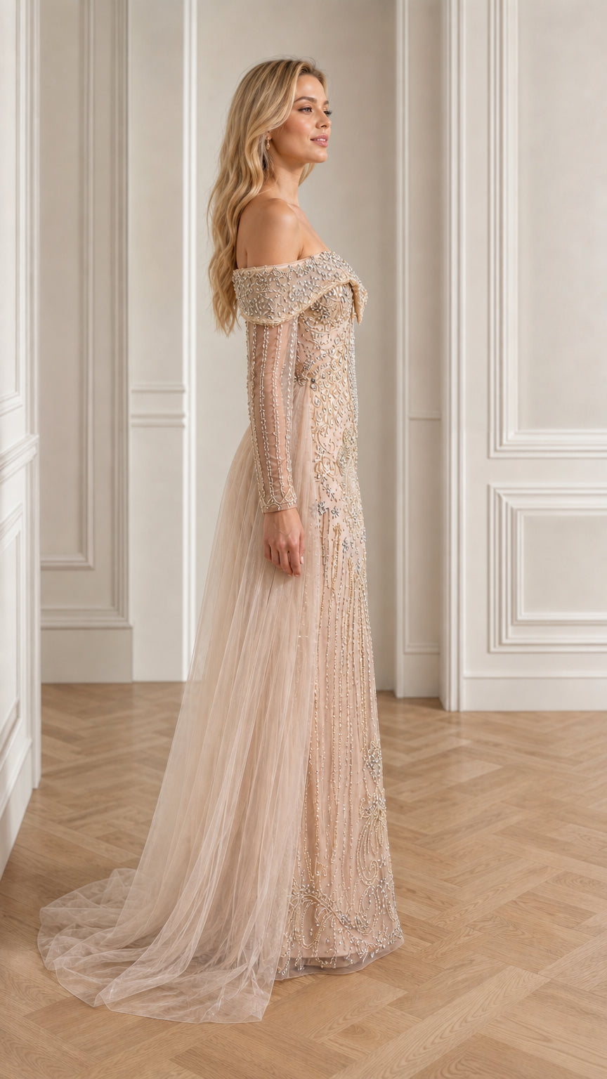 Side profile view of champagne evening gown