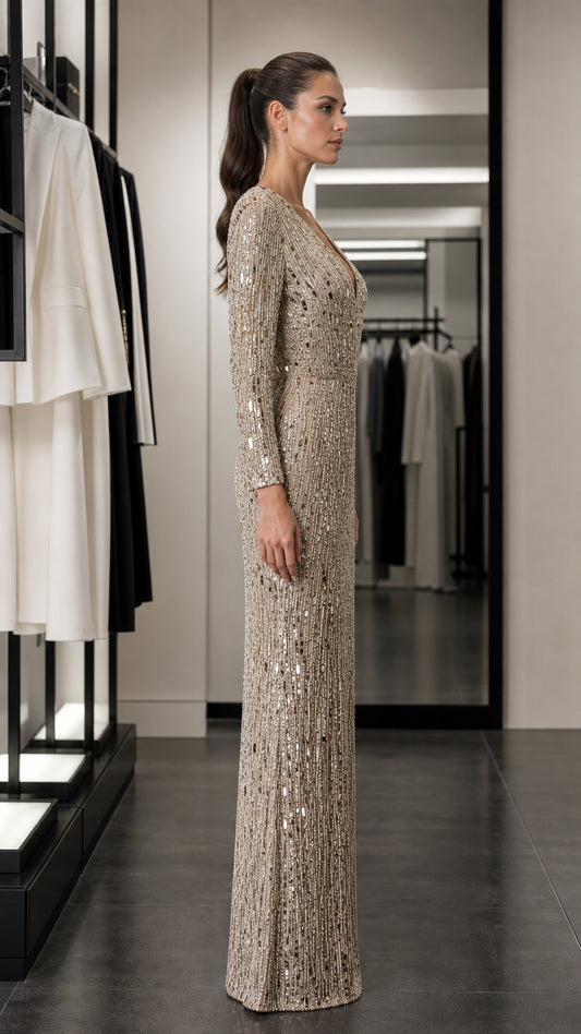 Side profile view of champagne sequined gown