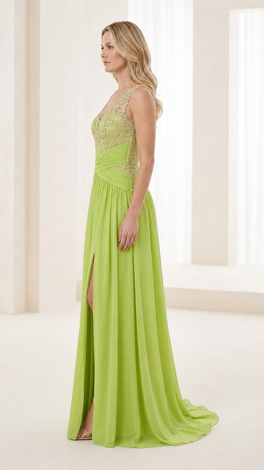 Side profile view of lime green evening gown showing flowing chiffon skirt