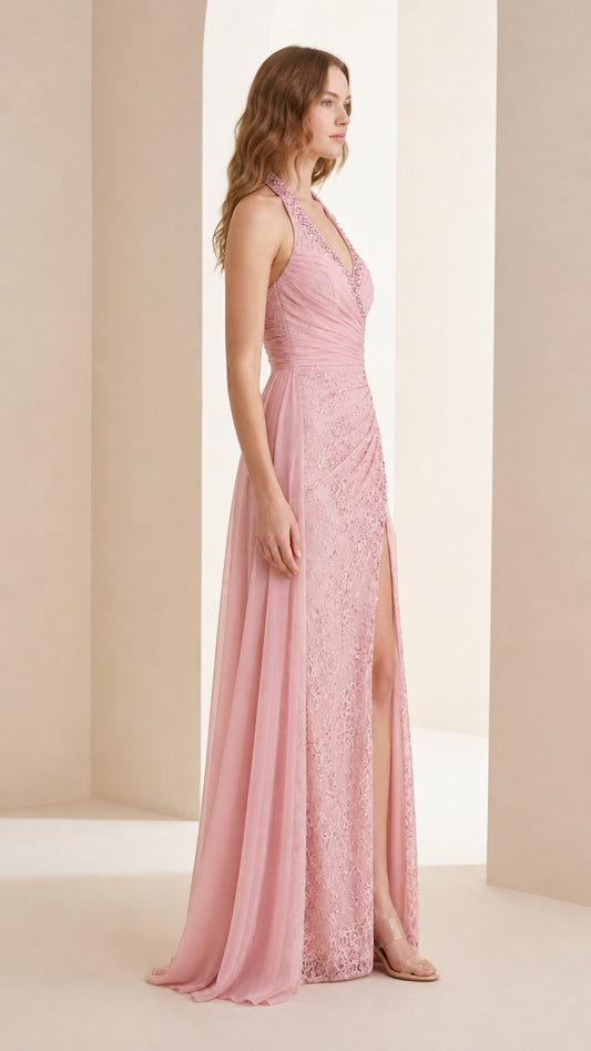 Side profile view of pink formal gown