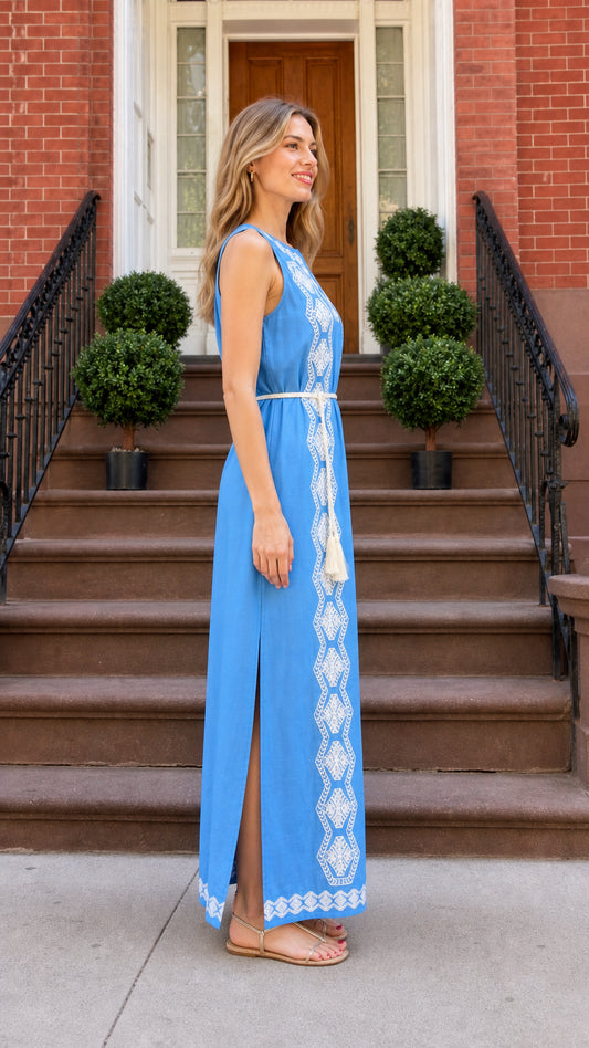Side view of blue maxi dress showing side slit and relaxed fit
