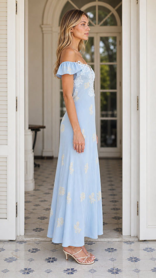 Side profile of Light Blue maxi dress