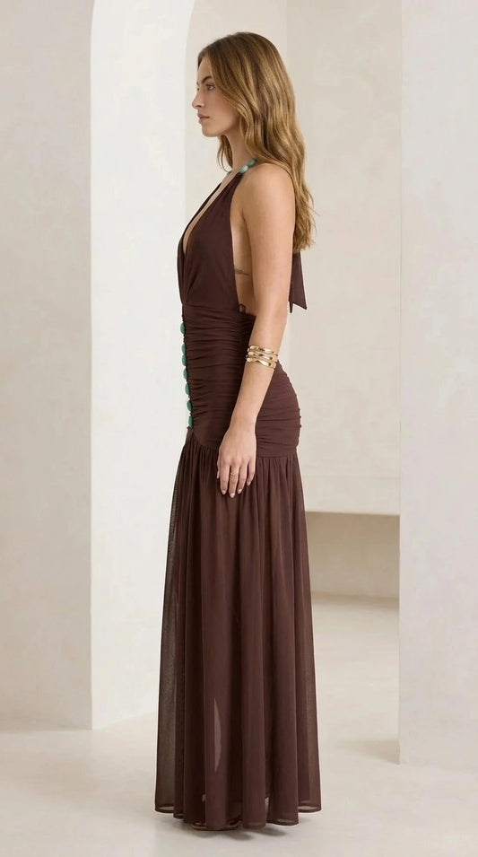 Side view of brown halter neck ruched maxi dress
