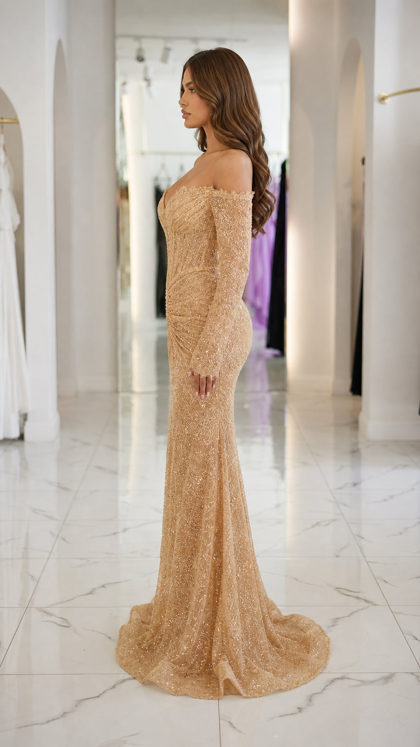 Side profile view of gold evening gown