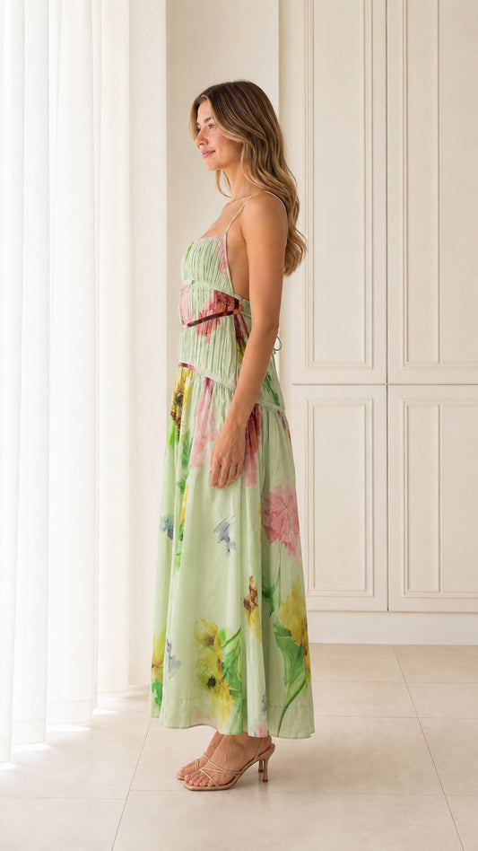 Side profile view of Light Green floral maxi dress