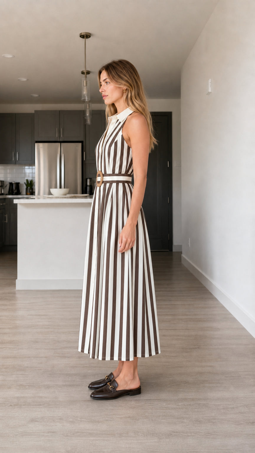 Side profile view of brown striped midi dress