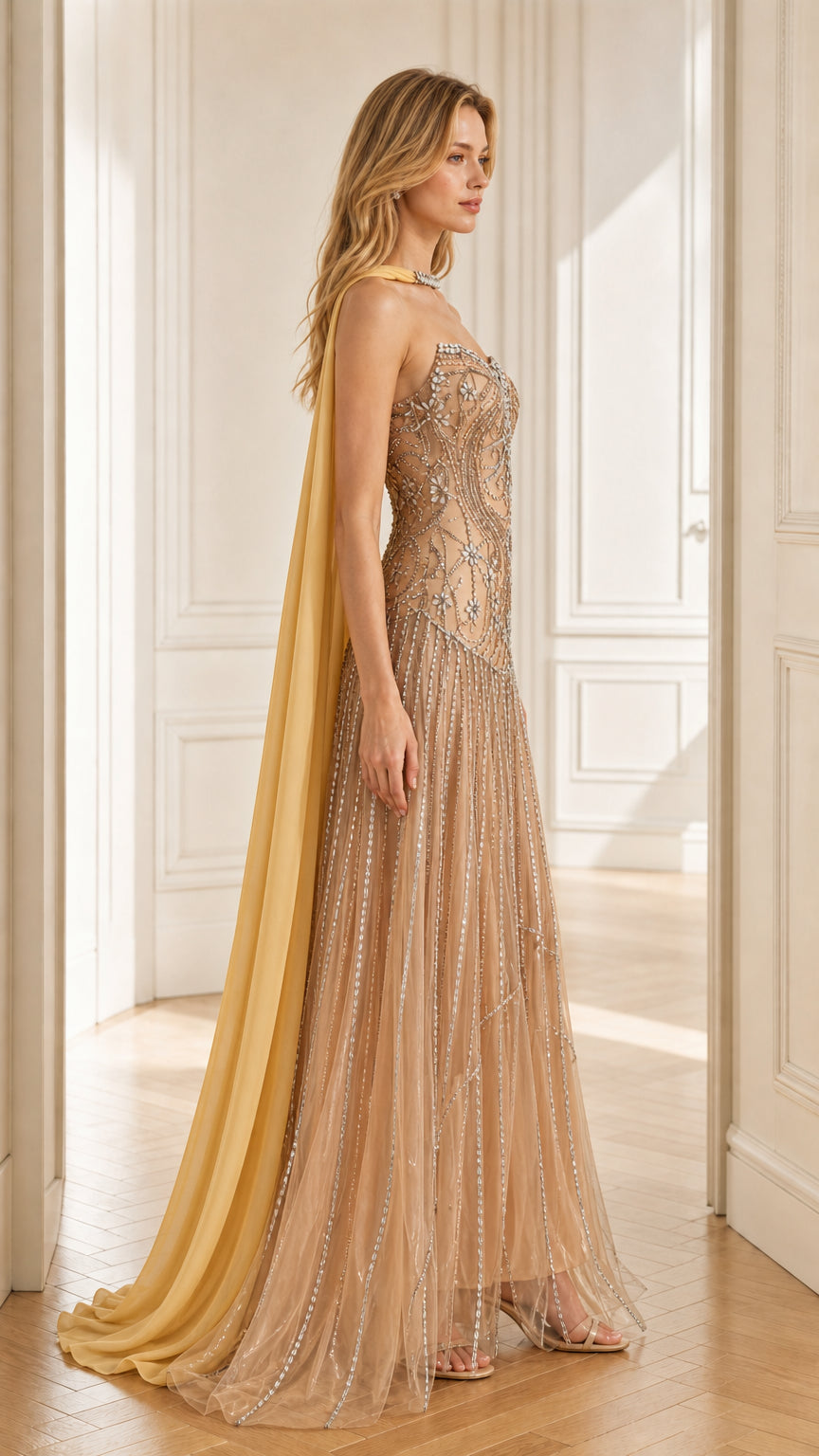 Side profile view of champagne evening gown
