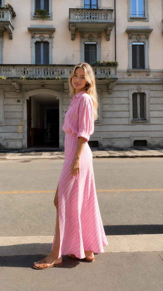 Side view of pink striped collared maxi dress with flowing skirt and waist definition