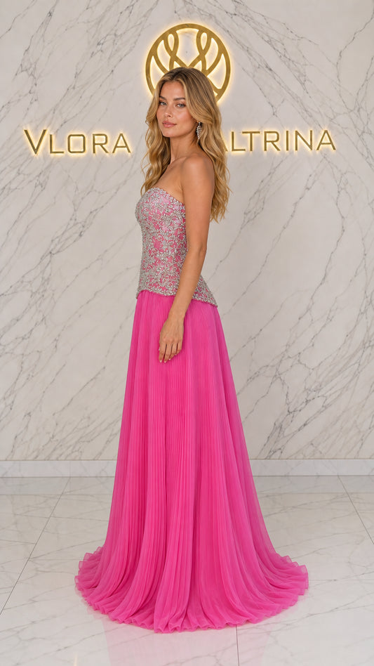 Side profile view of model in fuchsia evening gown