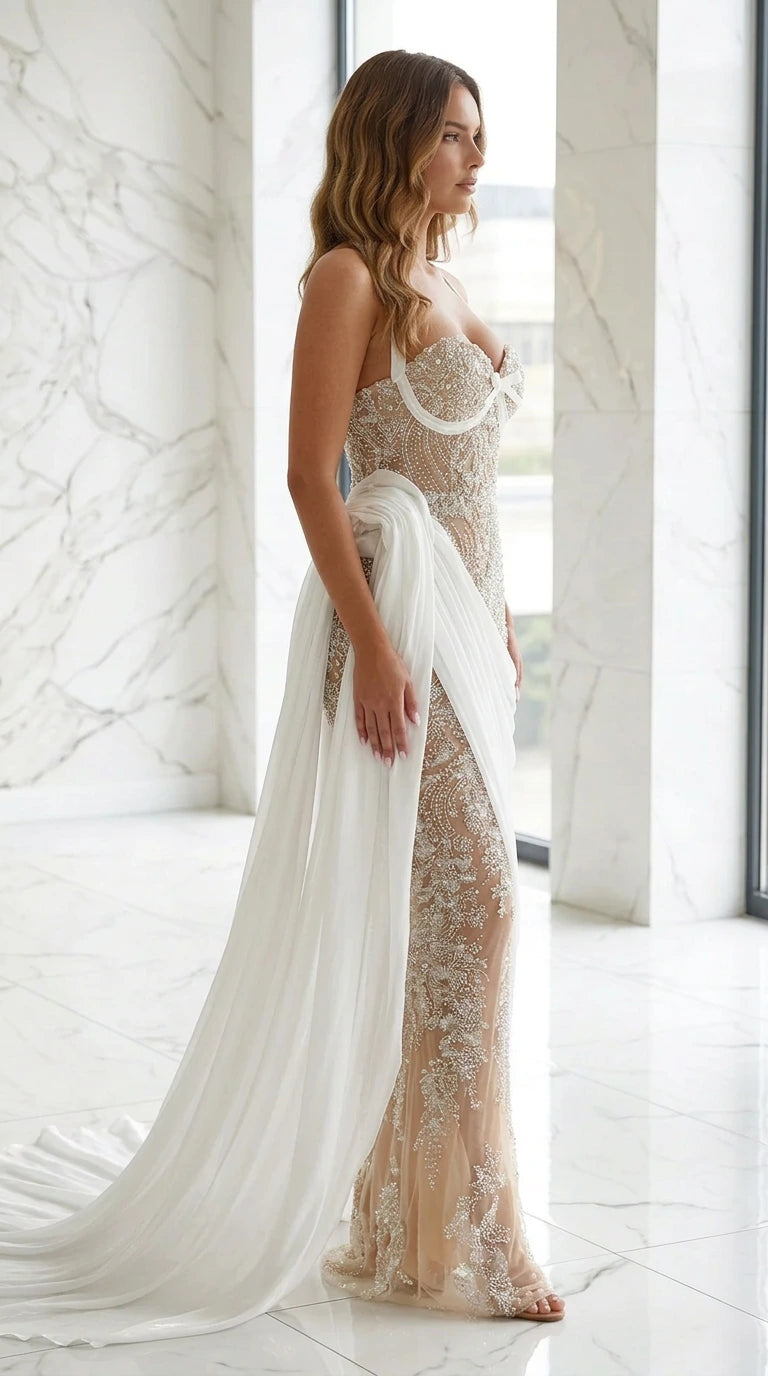 Side profile of model in nude beaded evening dress with flowing train