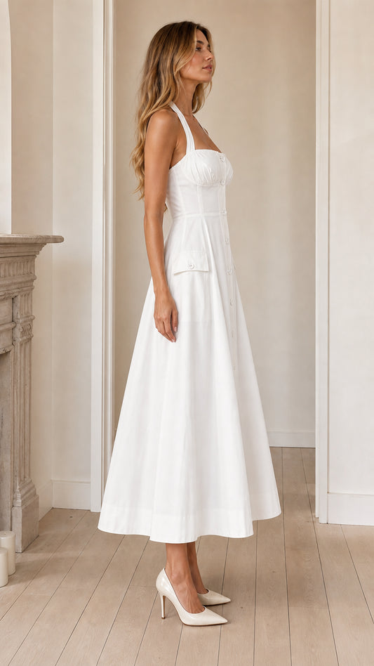 Side profile view of white halter midi dress