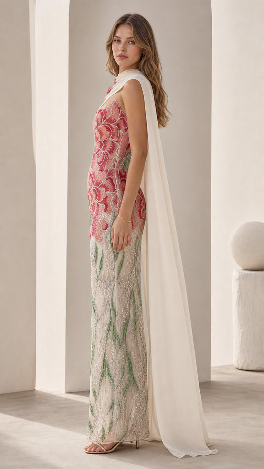 Side profile of white embroidered floral strapless evening gown