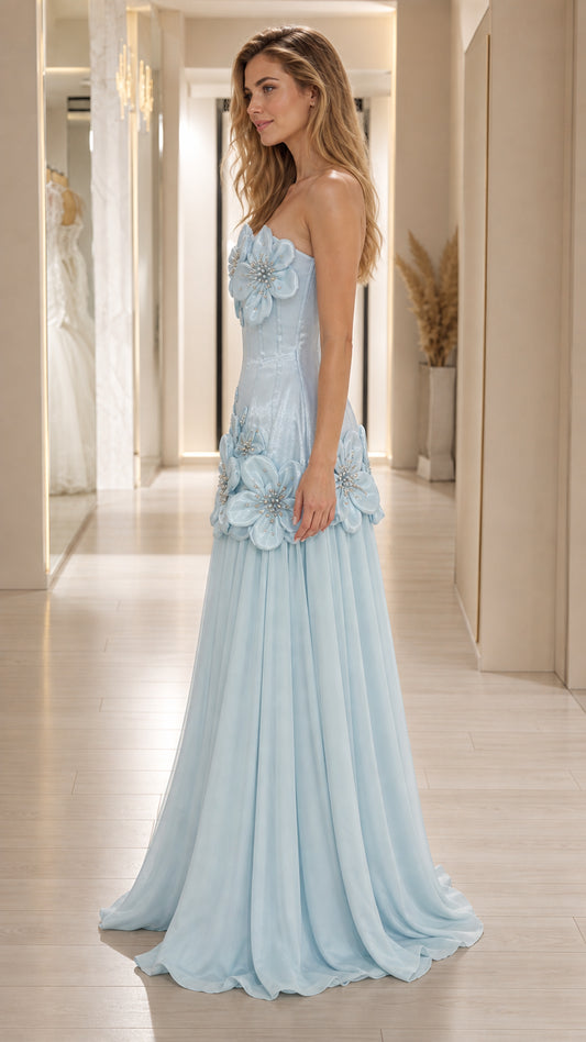 Side profile view of light blue floral gown
