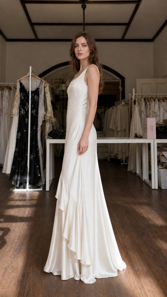 Model showcasing side profile of Ivory satin maxi dress
