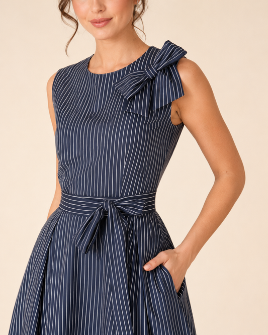 Close-up front detail of navy striped midi dress with shoulder bow, round neckline, and waist tie