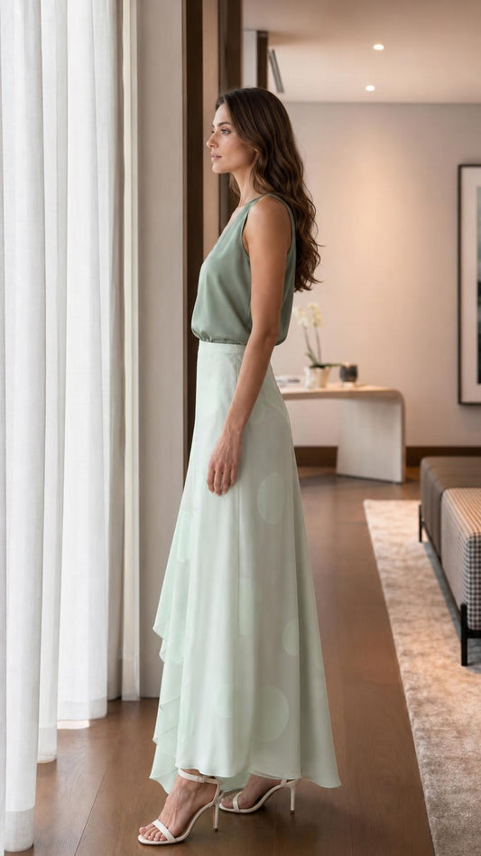 Model in sage green set side profile view