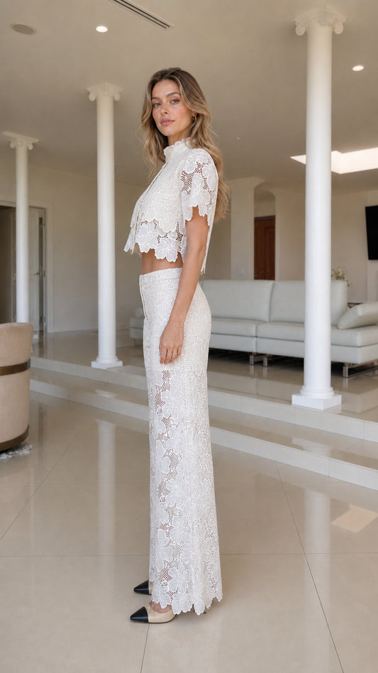 Side profile view of white lace matching set