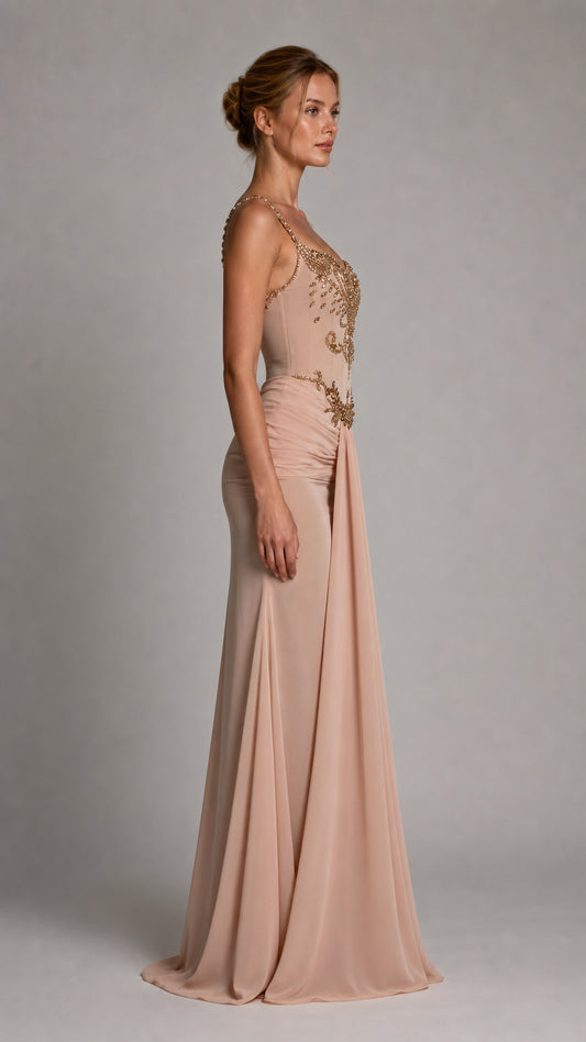 Side profile view of nude evening gown