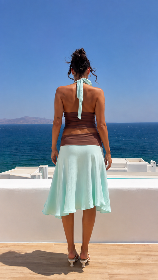 Back view of mint blue and brown two-piece set