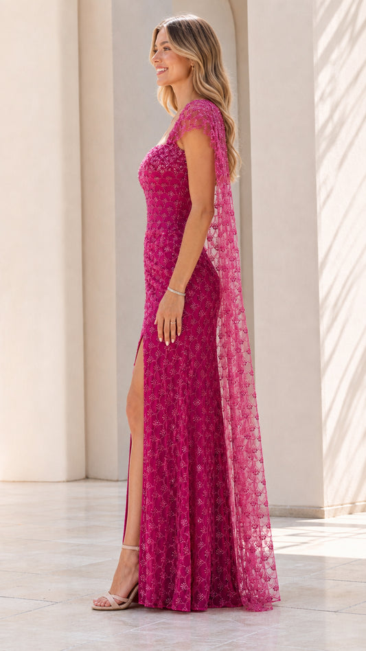 Side profile of fuchsia sequin gown