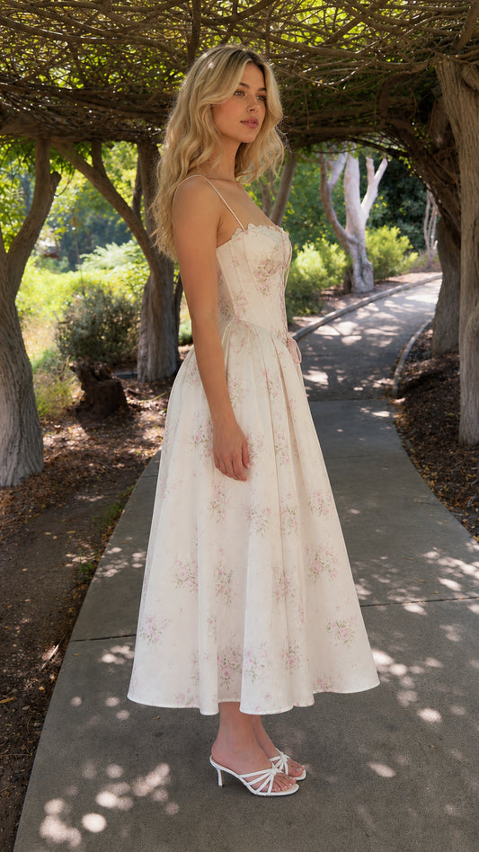 Side profile view of cream floral corset dress