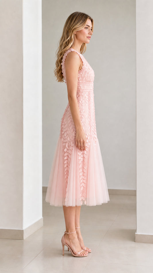 Side profile view of pink midi dress