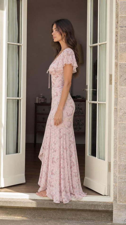 Side profile of woman in pink floral maxi dress