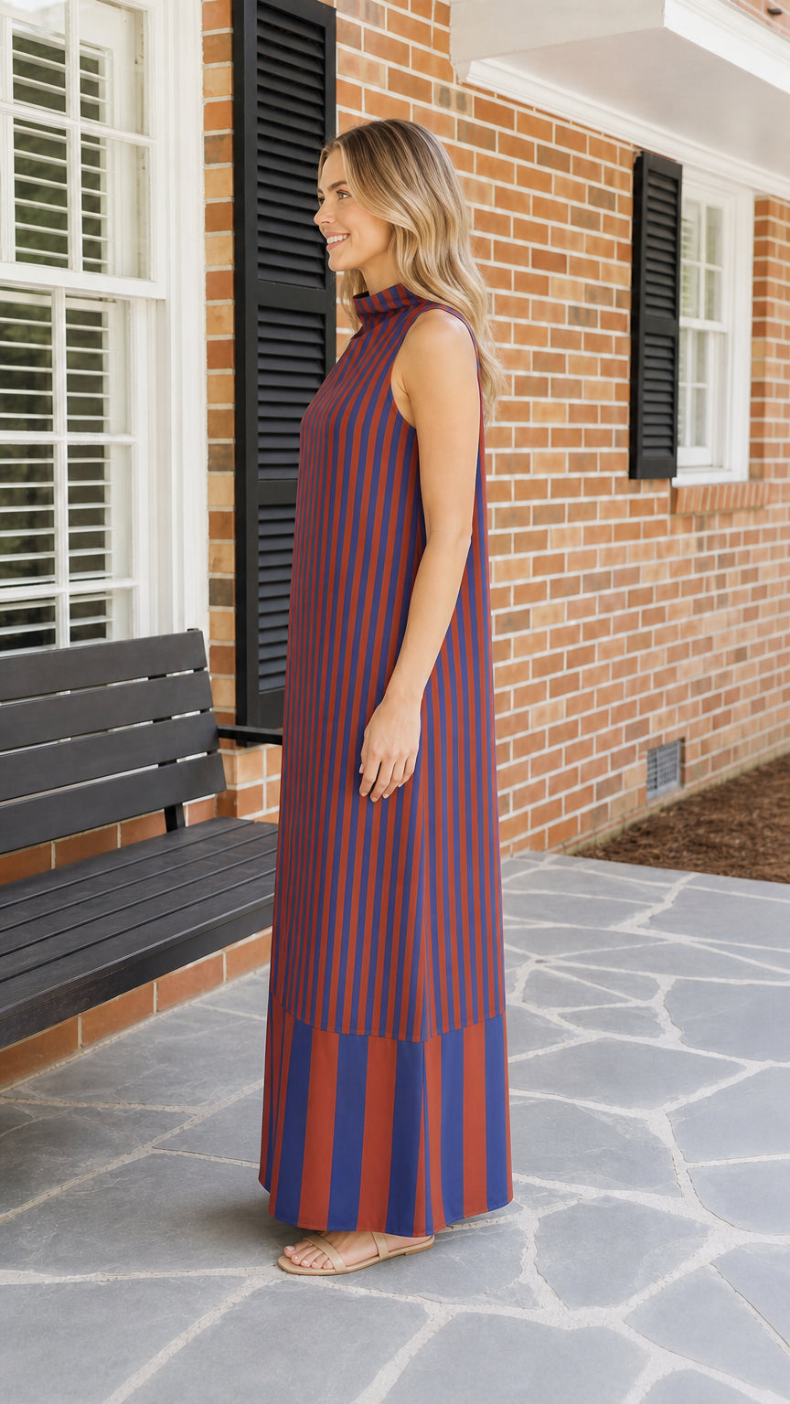 Side profile view of striped maxi dress