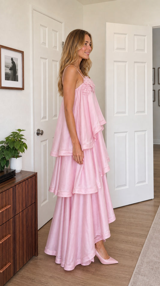Side profile of model in pink tiered maxi dress