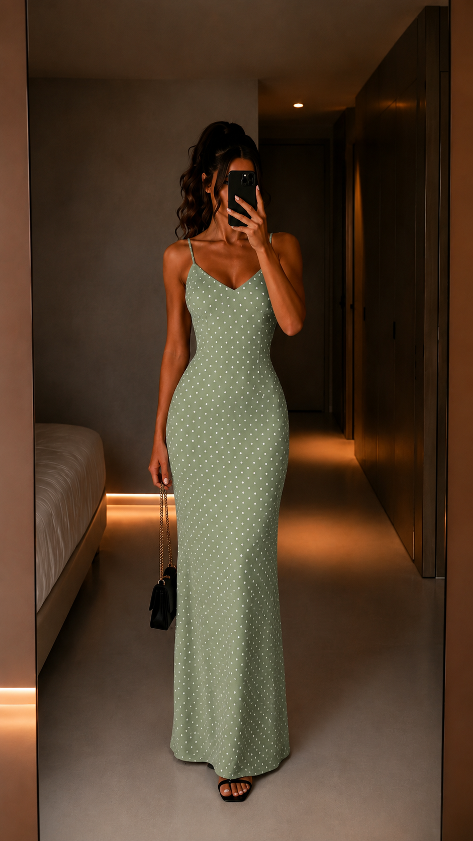 Sage green polka dot fitted maxi slip dress front view