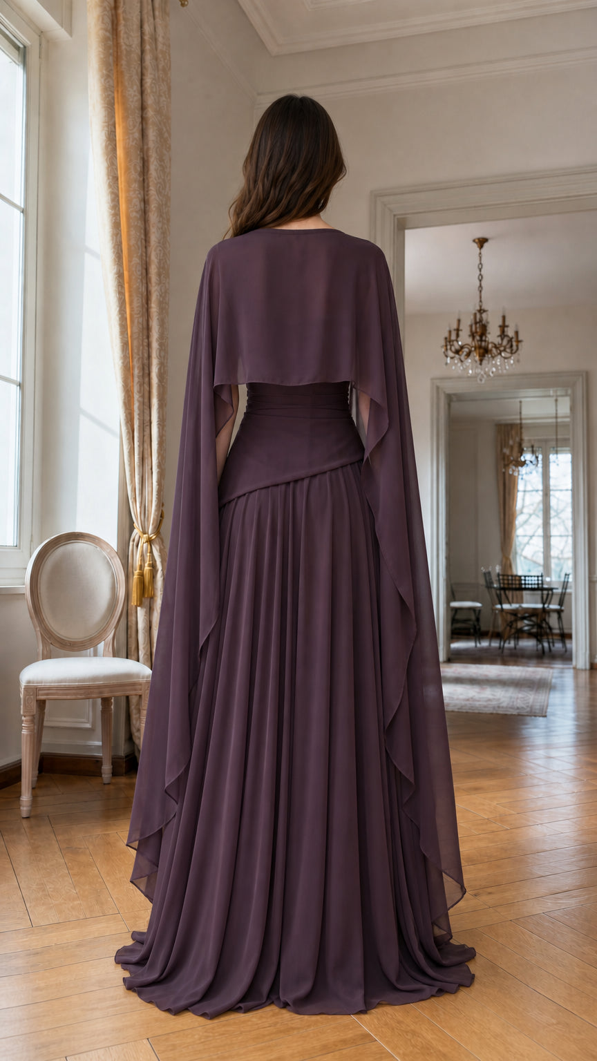 Back view of Plum formal gown showing flowing cape