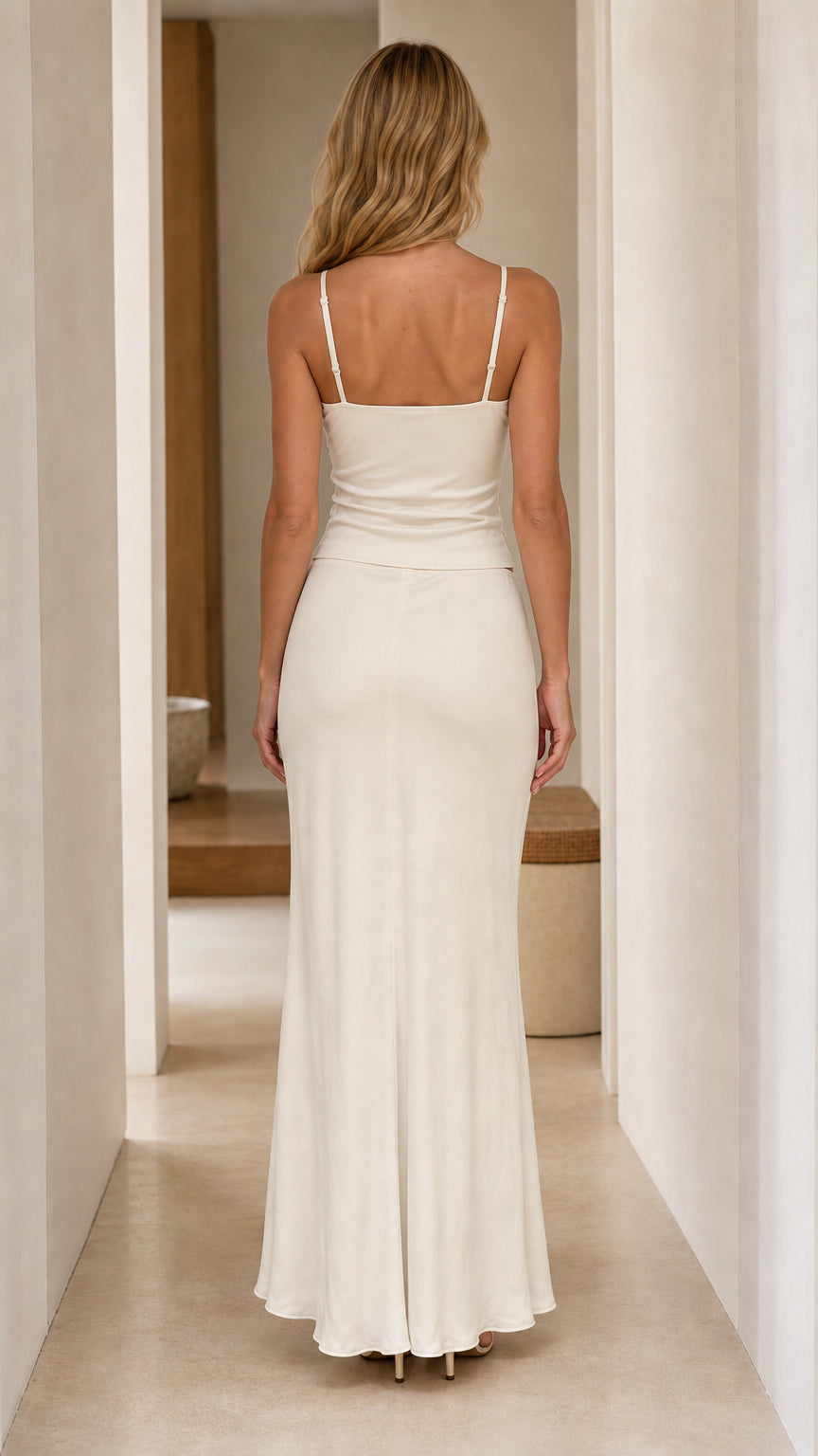 Back view of model in white two-piece maxi set