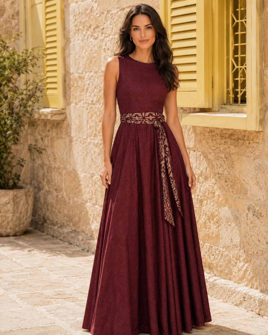 Front view of burgundy sleeveless shimmer maxi dress with patterned waist sash