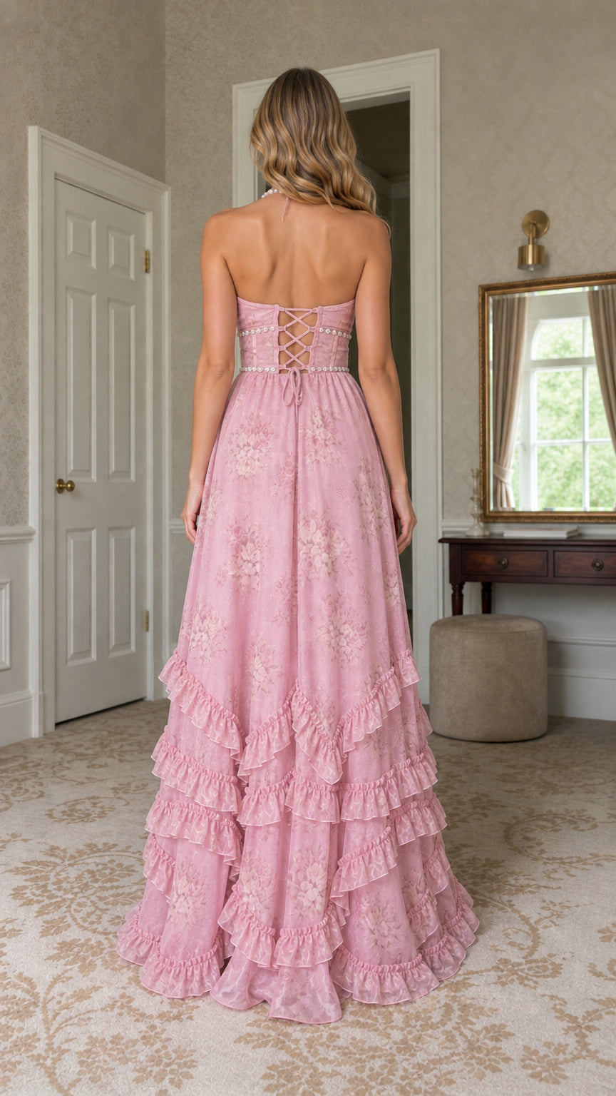 Back view of model showing lace-up corset detail on pink maxi dress