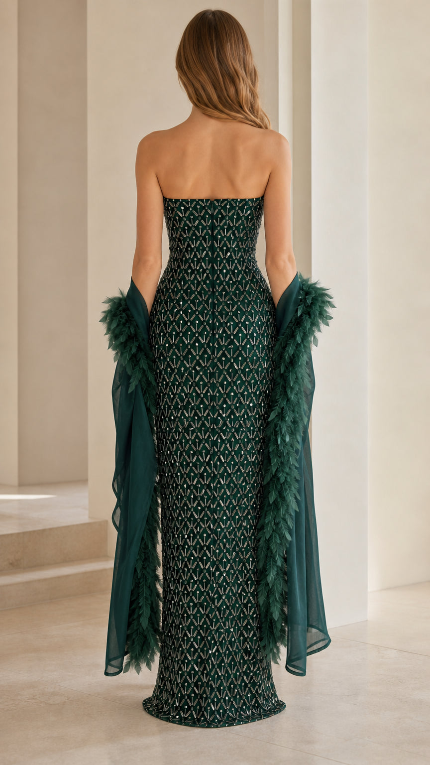 Back view of emerald green sequin evening gown