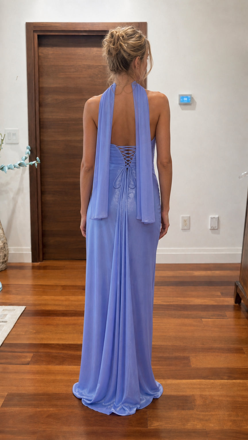 Lavender floor-length dress shown from the back with lace-up detail