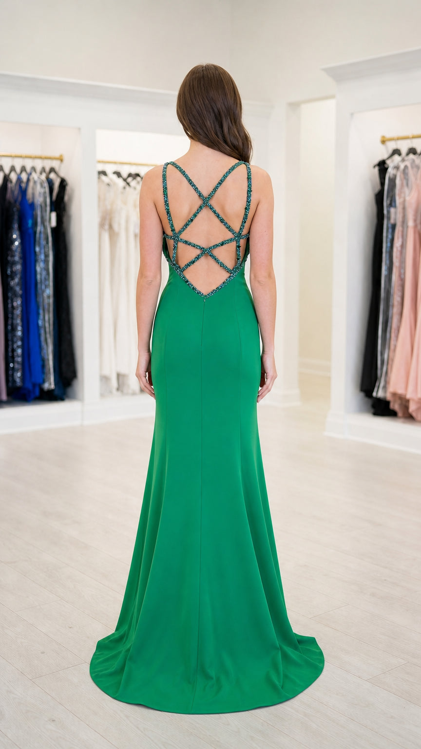 Back view showcasing strappy open back design