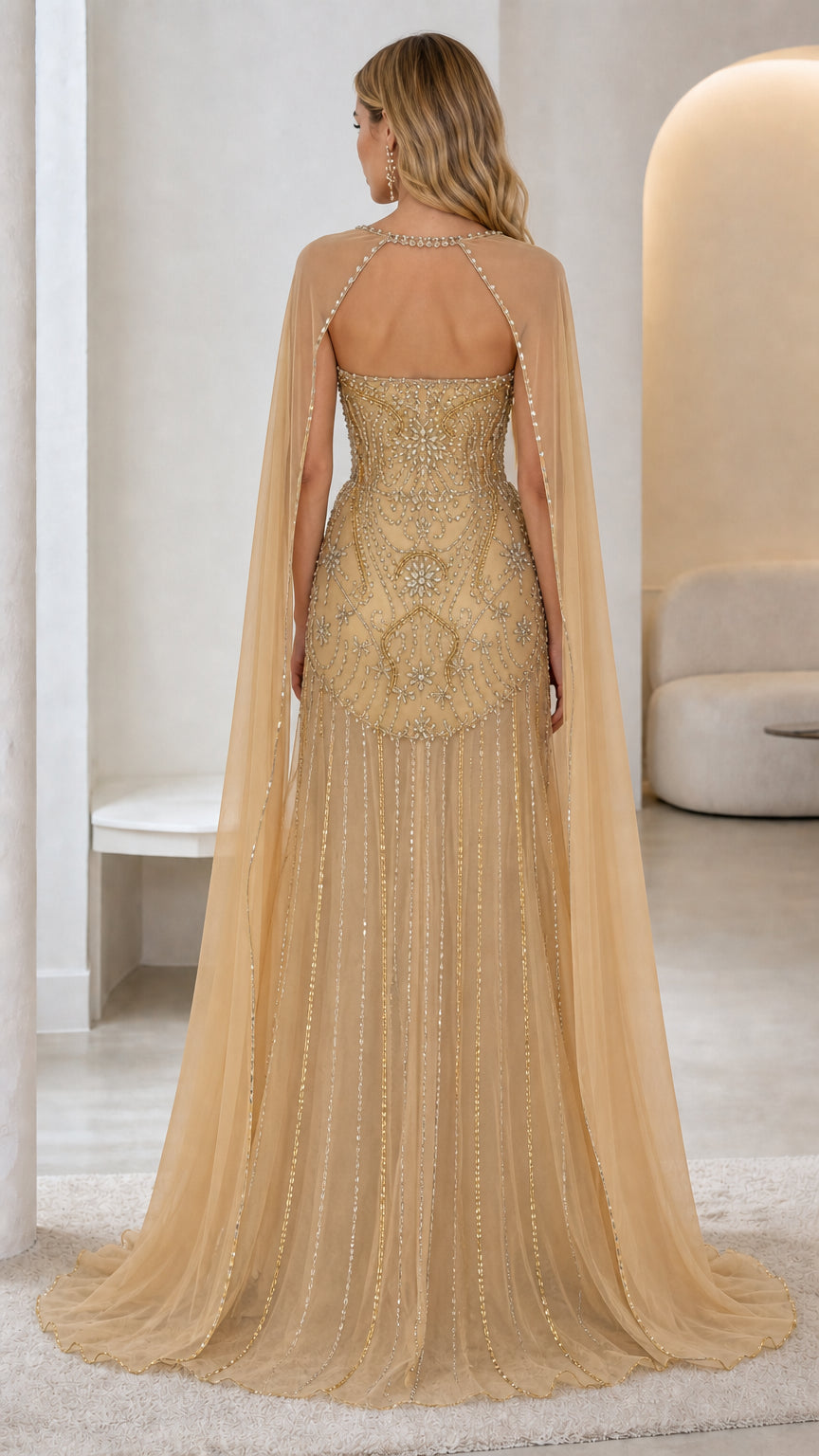 Back view of gold evening gown with open keyhole back
