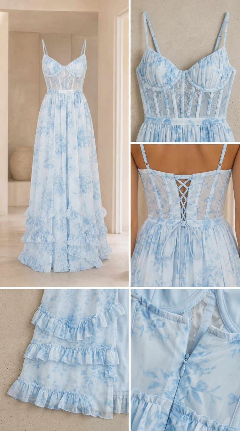 Detailed collage of light blue floral dress features